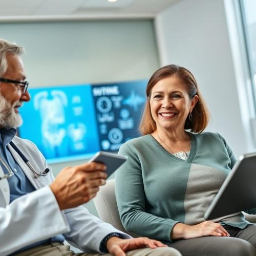 Adultos saudáveis acima de 45 anos recebendo informações sobre colonoscopia em ambiente clínico moderno.