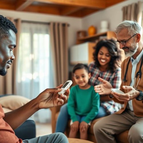 Pessoas com diabetes, familiares e profissionais de saúde unidos no cuidado com a glicose usando glicosímetro.