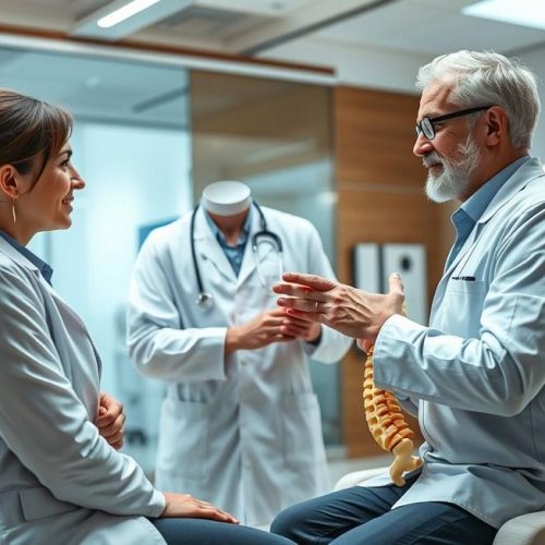 Pacientes com sintomas de hérnia de disco conversando com especialista para diagnóstico e tratamento.