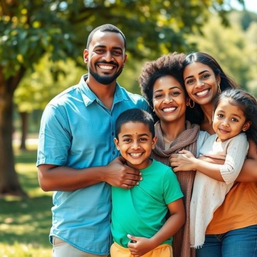 Família reunida e protegida, representando a prevenção e o cuidado contra o sarampo.