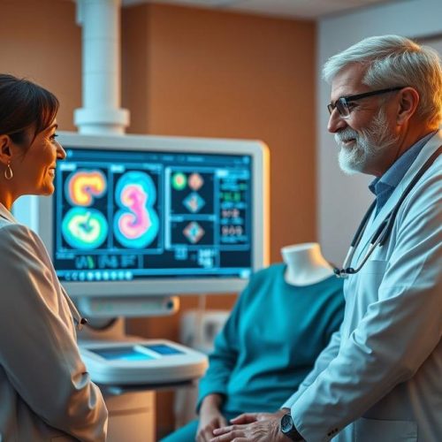 Paciente e profissional da saúde analisando exames avançados na abordagem teranóstica para câncer.