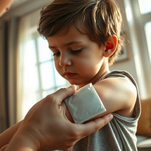 Adulto cuidando delicadamente do hematoma no braço de uma criança, mostrando cuidado e conforto.