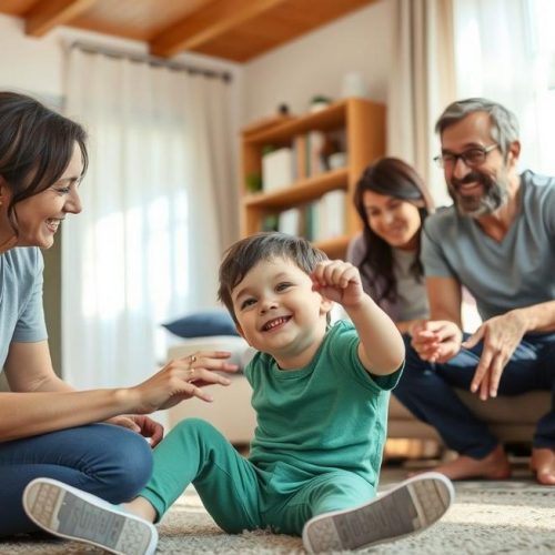 Criança com paralisia cerebral cercada por familiares e cuidadores, simbolizando apoio e inclusão.