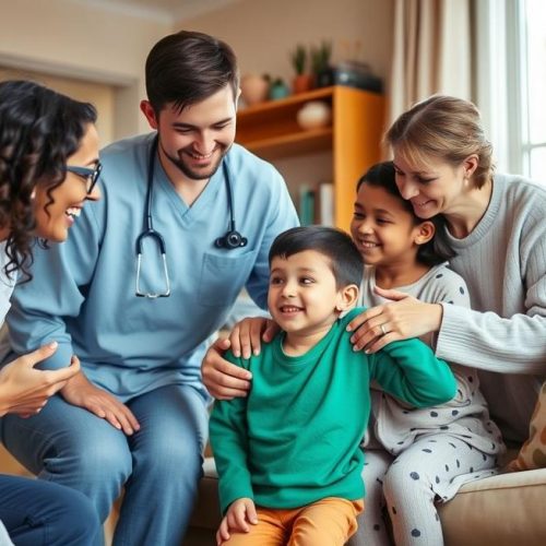 Família recebe apoio de profissionais para cuidar da criança com paralisia cerebral.