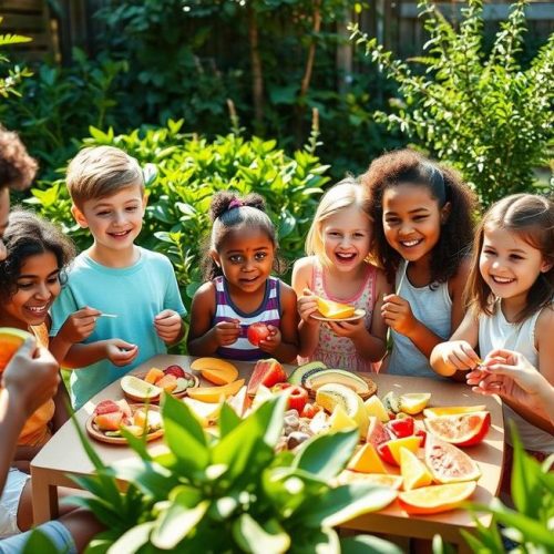 Crianças e adolescentes curtindo frutas frescas em um ambiente alegre e saudável.