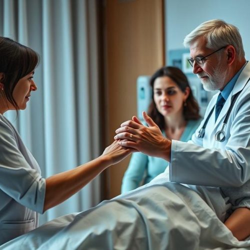 Cuidadores familiares atentos durante atendimento a paciente com choque cardiogênico.