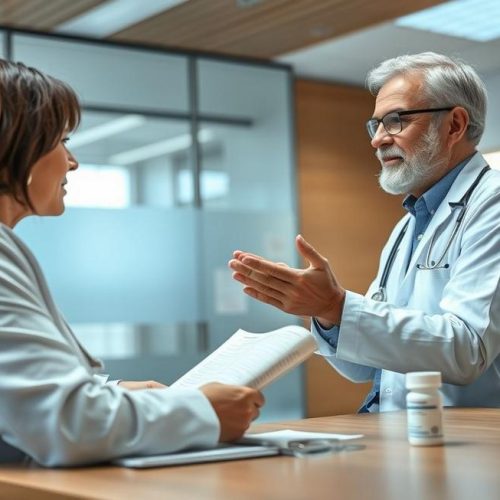Paciente sendo orientado por profissional de saúde sobre o uso seguro do ciprofloxacino.