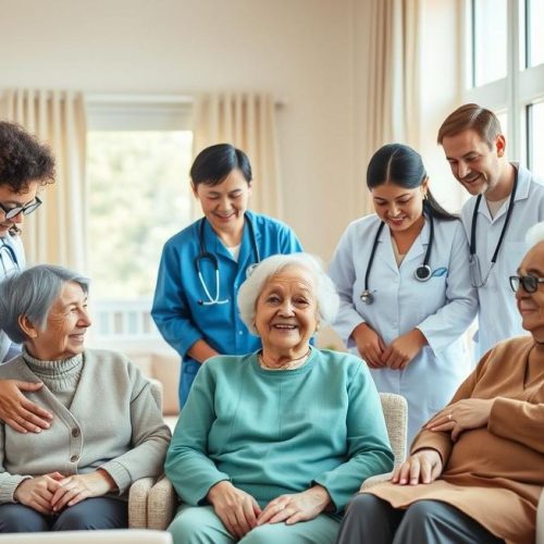 Cuidadores e profissionais da saúde trabalhando juntos para oferecer cuidado de qualidade a idosos com demência.