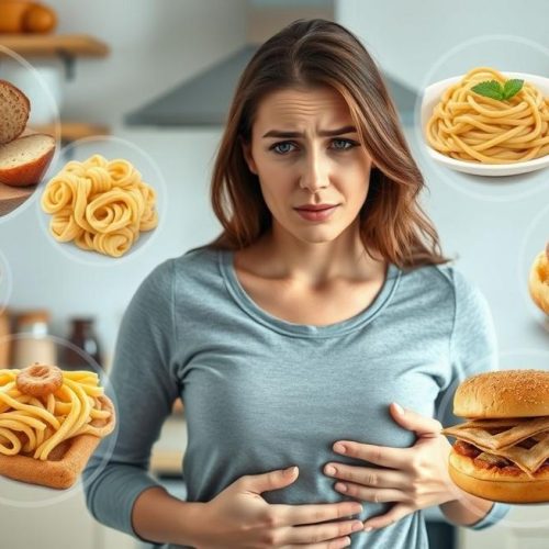 Pessoa com suspeita de intolerância ao glúten refletindo sobre alimentos comuns em sua dieta.