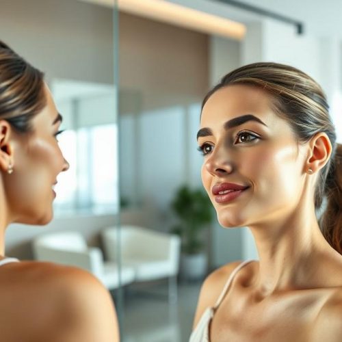 Mulher adulta confiante olhando seu reflexo em clínica estética moderna.