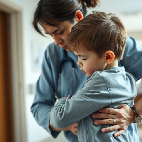 Adulto confortando criança com dor causada por pielonefrite, ilustrando a atenção necessária à saúde renal.