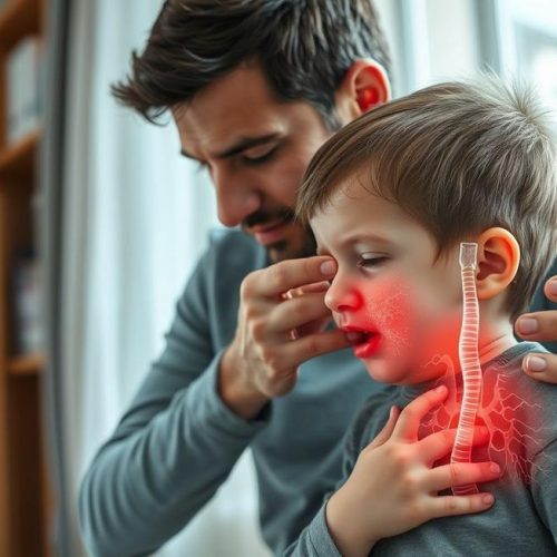 Imagem realista mostrando adulto confortando criança com tosse e catarro visível nas vias aéreas.