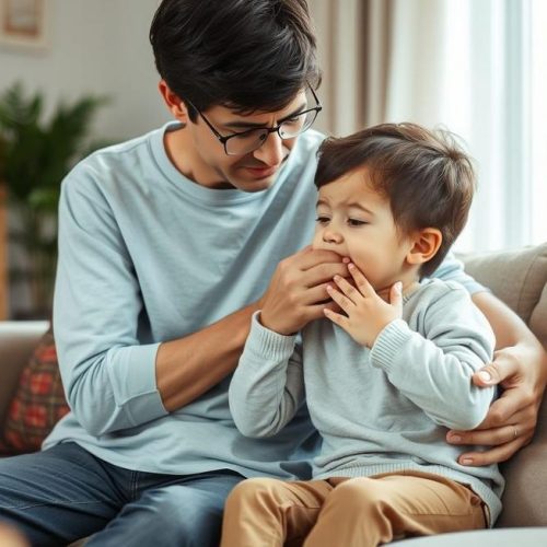 Adulto e criança preocupados com tosse persistente, ilustrando a importância de cuidados com tosse com catarro.