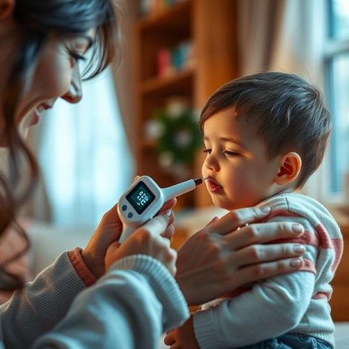 Pai medindo sinais vitais de uma criança em casa com atenção e cuidado, reforçando a importância do monitoramento.