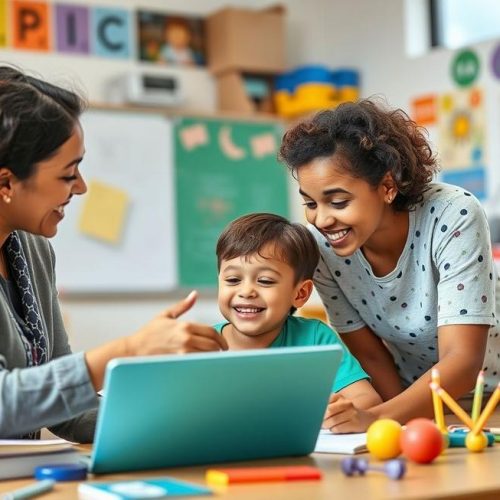 Pais e educadores apoiando uma criança neurodivergente em ambiente escolar acolhedor e inclusivo.