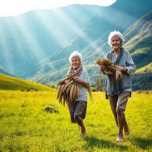 Mulher madura caminhando em campo andino com raízes de maca, representando saúde e vitalidade naturais.