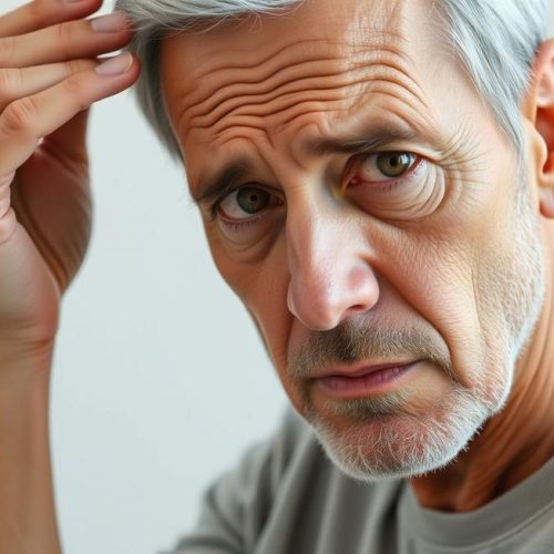 Adulto sentindo dor de cabeça localizada do lado esquerdo, buscando alívio e compreensão da causa.