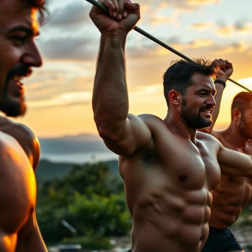 Adultos focados realizando treino de CrossFit ao ar livre durante o nascer do sol.