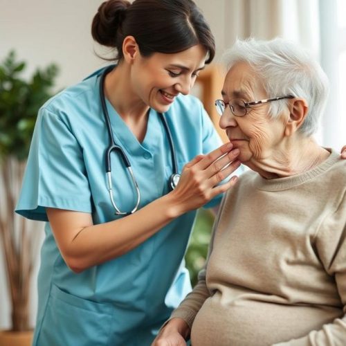 Profissional de saúde cuidando de idoso com demência em ambiente acolhedor, reforçando apoio e conhecimento