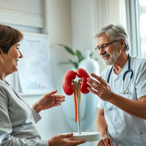 Paciente e cuidador visualizam modelo do rim saudável após receber orientação médica.