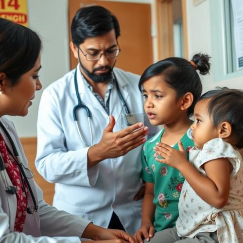 Mãe preocupada recebendo orientação médica sobre sintomas da dengue e manchas na pele.