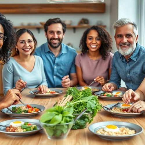 Adultos aproveitando uma refeição equilibrada com ovos e alimentos saudáveis, representando emagrecimento sustentável.