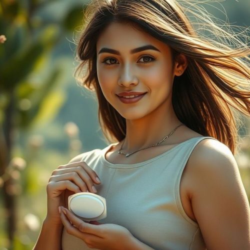 Mulher confiante segurando embalagem de DIU-LNG, simbolizando decisão consciente e segurança.