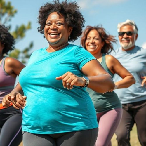 Grupo de adultos demonstrando saúde e satisfação, simbolizando a superação do efeito sanfona.