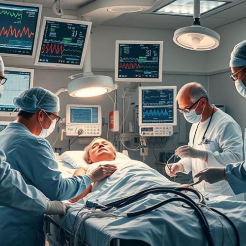 Equipe multidisciplinar em ação durante tratamento emergencial do choque cardiogênico.