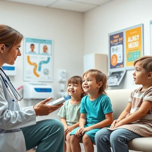 Profissional de saúde orientando família sobre tratamento de alergias com dexclorfeniramina.