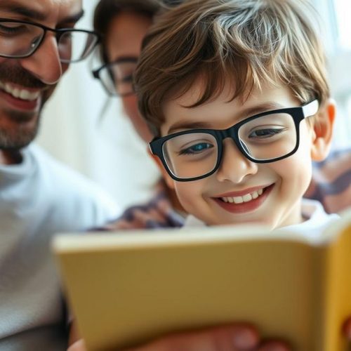 Família cuidando da saúde visual infantil, reforçando a importância da atenção aos sintomas da hipermetropia.