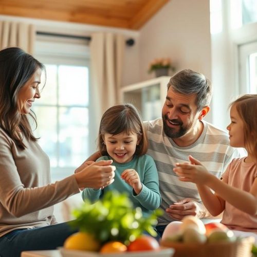 Família atenta e cuidando da saúde de crianças e adultos em ambiente acolhedor.