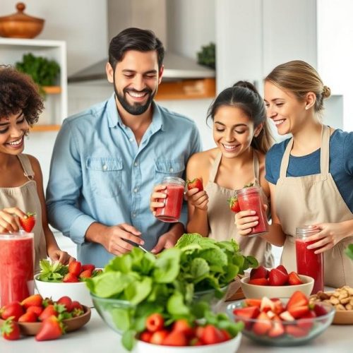 Família preparada para desfrutar receitas saudáveis com morangos no dia a dia.