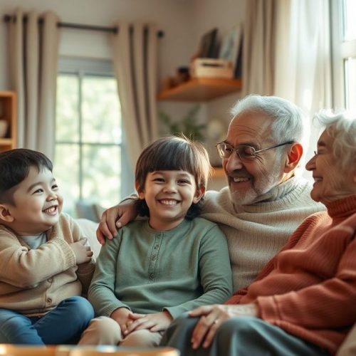 Família cuidando junta, mostrando atenção aos sintomas de resfriado em crianças e idosos.