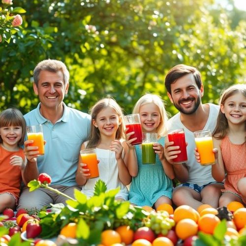 Família saudável usufruindo de sucos naturais que fortalecem a imunidade em ambiente alegre ao ar livre.