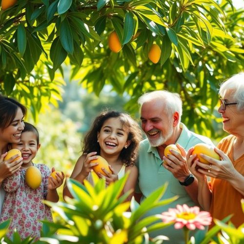 Família diversa saboreando mangas frescas em ambiente natural que transmite saúde, bem-estar e união.