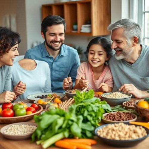 Família feliz compartilhando uma refeição colorida e rica em fibras em casa.
