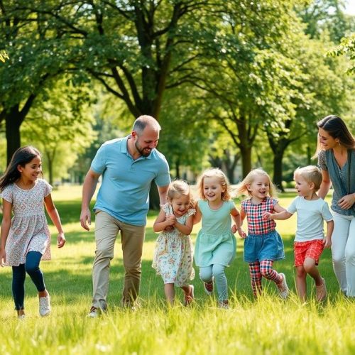 Pais promovendo a saúde e o bem-estar dos filhos em um ambiente natural e cheio de vida.