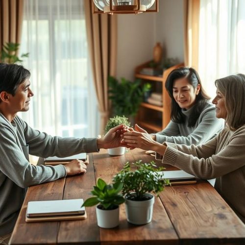 Família oferecendo suporte e amor para pessoa com amnésia.