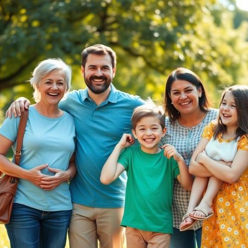 Família feliz ao ar livre celebrando a saúde e proteção conquistada pela vacinação.