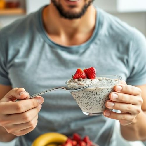 Adulto saudável desfrutando de pudim de chia como parte de uma alimentação equilibrada.