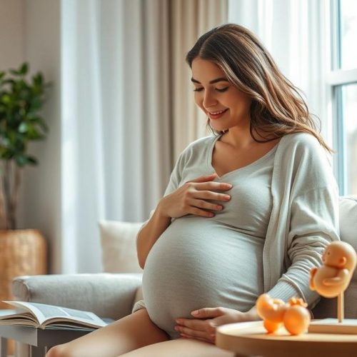 Gestante em ambiente acolhedor refletindo sobre o acompanhamento da idade gestacional.