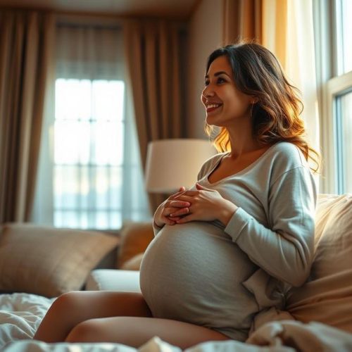 Mulher grávida olhando com esperança e serenidade enquanto se prepara para o parto.