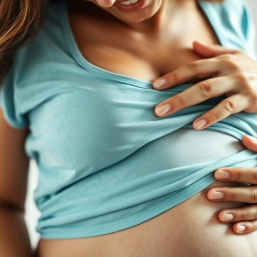 Mulher feliz acariciando a cicatriz de cesárea, demonstrando cuidado e aceitação.