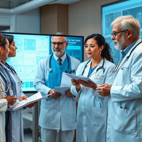 Equipe multiprofissional de saúde discutindo dados clínicos e administrativos relacionados ao HCM.