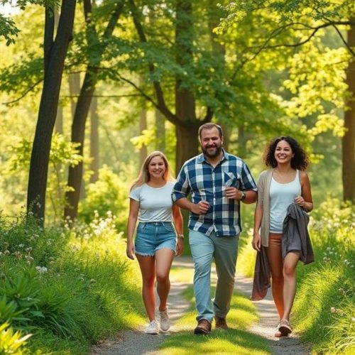 Família saudável e protegida durante passeio ao ar livre em área de risco para Doença de Lyme.