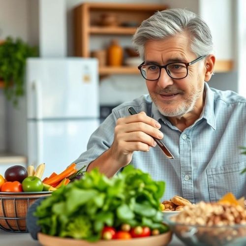 Adulto desfrutando de uma refeição rica em fibras, reforçando hábitos alimentares saudáveis para a saúde digestiva e geral.