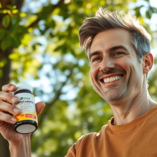 Pessoa saudável segurando suplemento de metilcobalamina em ambiente natural transmitindo energia e vitalidade.