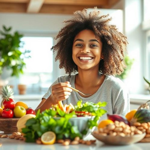 Pessoa feliz aproveitando uma refeição saudável durante sua jornada para ganhar peso.