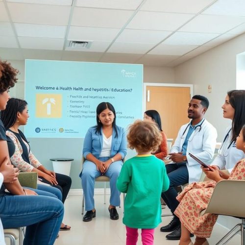 Adultos, pais, crianças e profissionais da saúde reunidos discutindo prevenção e sintomas da hepatite viral.